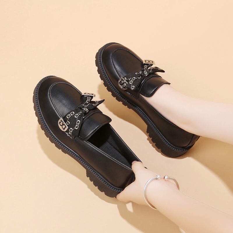 Giày búp bê nữ cổ thấp buộc nơ IN chữ Cao Cấp
