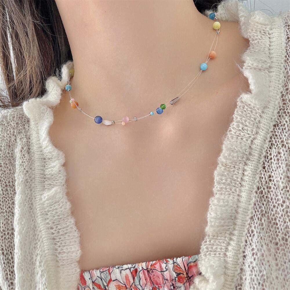 Vòng Cổ Choker Trong Suốt Đính Hạt Nhiều Màu Phong Cách Hàn Quốc