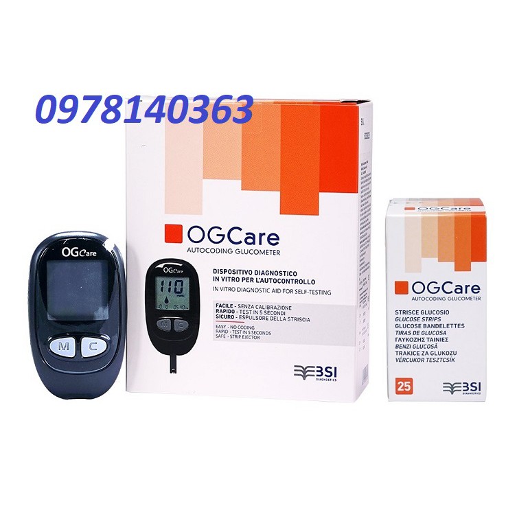 Máy đo đường huyết OGcare Ý Kèm 25 que thử 100 kim 100m bông tẩm cồn