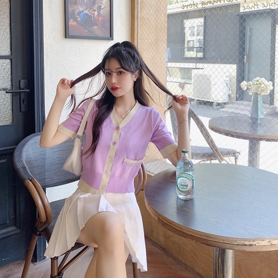 Áo Cardigan Dệt Kim Tay Ngắn Dáng Ôm Phong Cách Hàn Quốc Thời Trang Cho Nữ