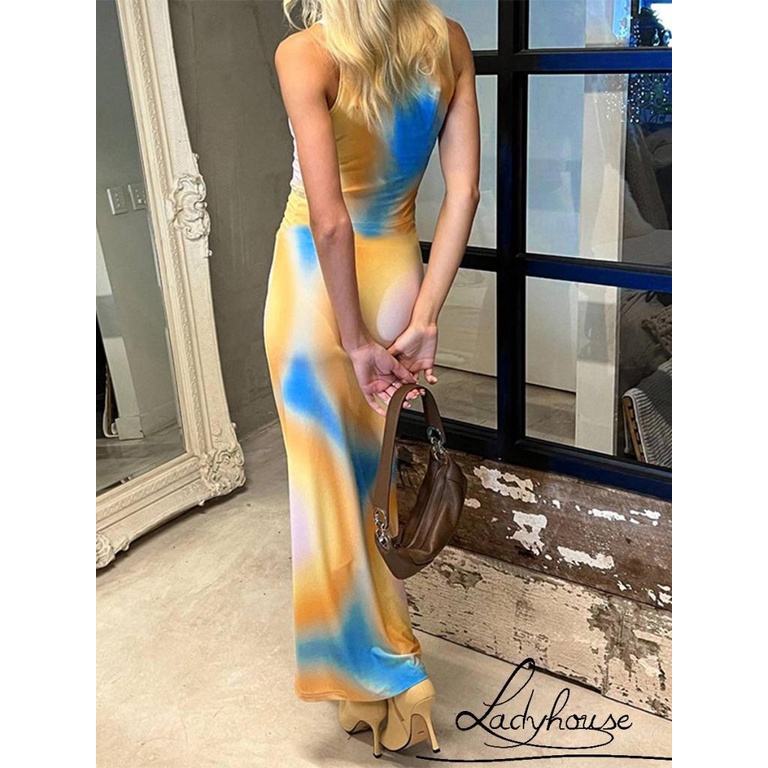 Đầm Dài Cổ Tròn Không Tay Nhuộm Màu Thời Trang Mùa Hè Cho Nữ