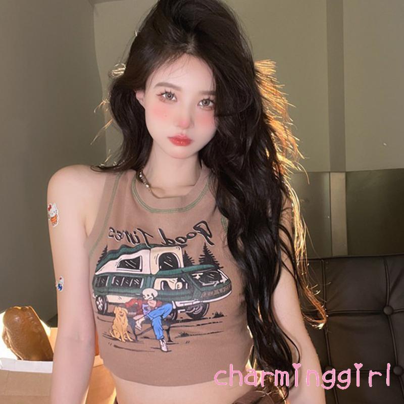 Áo Tank Top In Họa Tiết Chó Hoạt Hình Phối Màu Dễ Thương Thời Trang Mùa Hè Cho Nữ