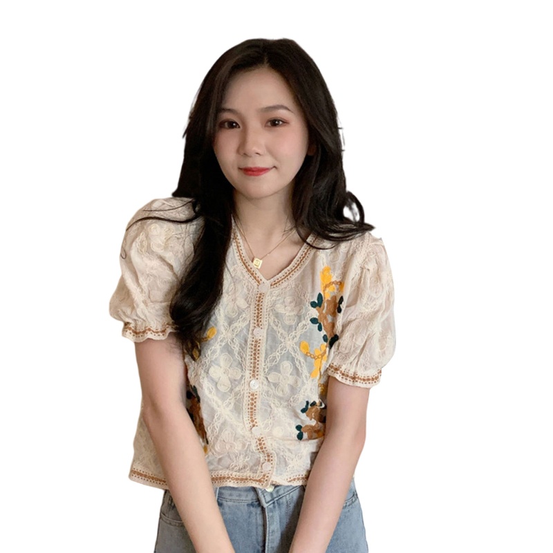 Áo Croptop Tay Phồng Ngắn Thêu Hoa Phối Ren Thời Trang Xinh Xắn Cho Nữ