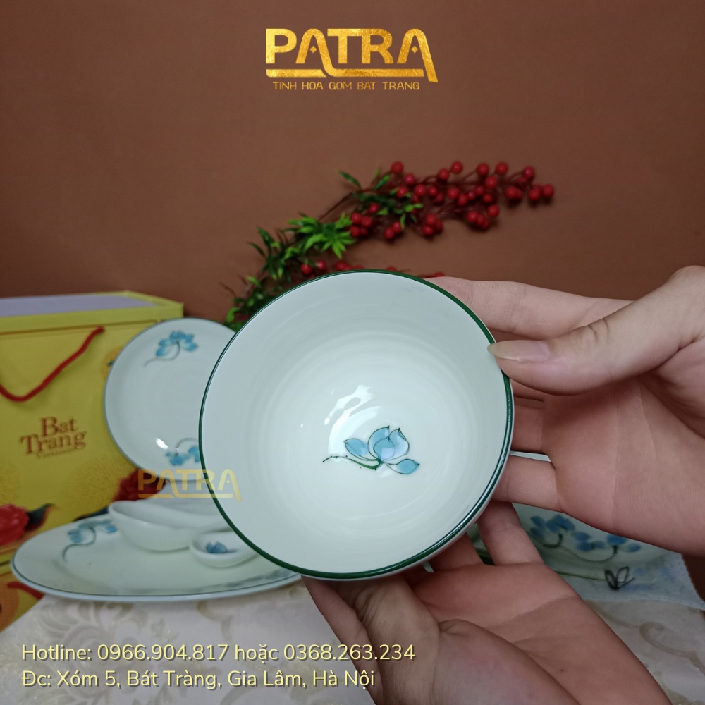 Bộ bát đĩa sứ Bát Tràng, bộ chén dĩa men kem họa tiết sen xanh cao cấp 13 chi tiết, có bán các món lẻ