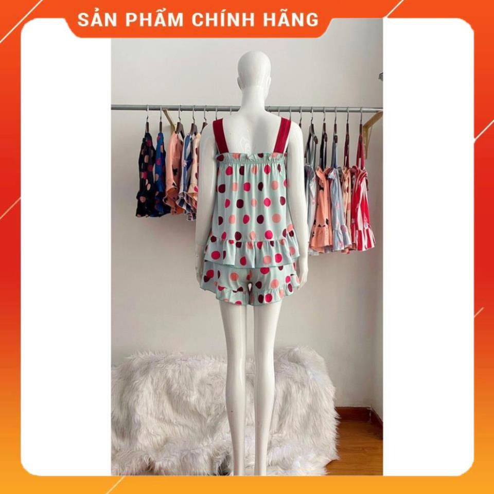 Bộ Ngủ Sexy, Bộ Mặc Nhà 2 Dây Lụa Phối Nơ Màu Họa Tiết Chấm Bi Nhún Bèo Lai Siêu Mát. -bi21