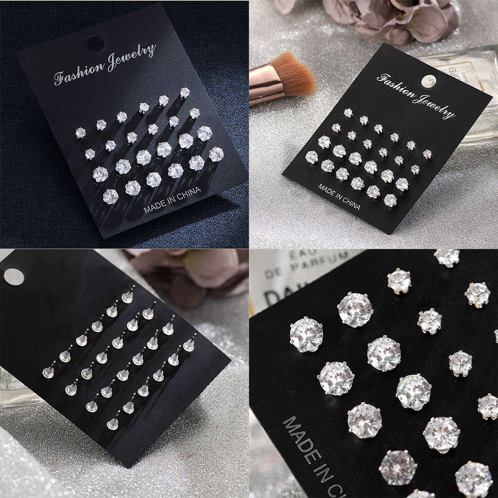 Set 12 cặp khuyên tai đính đá zircon mạ bạc đơn giản