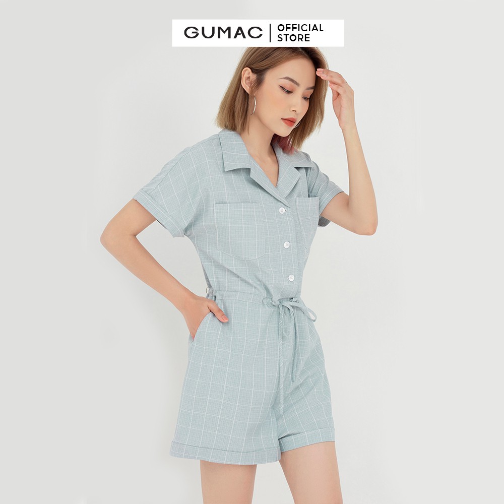 [Mã WABRGU3 giảm 10% đơn 99K] Jumpsuit ngắn phối nơ eo GUMAC màu xanh tay ngắn năng động DB5114