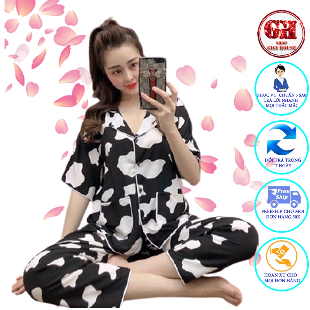 Đồ Bộ Pijama - Bộ Lụa Satin Dài Hoạ Tiết Bò Sữa Cao cấp Ulzzang