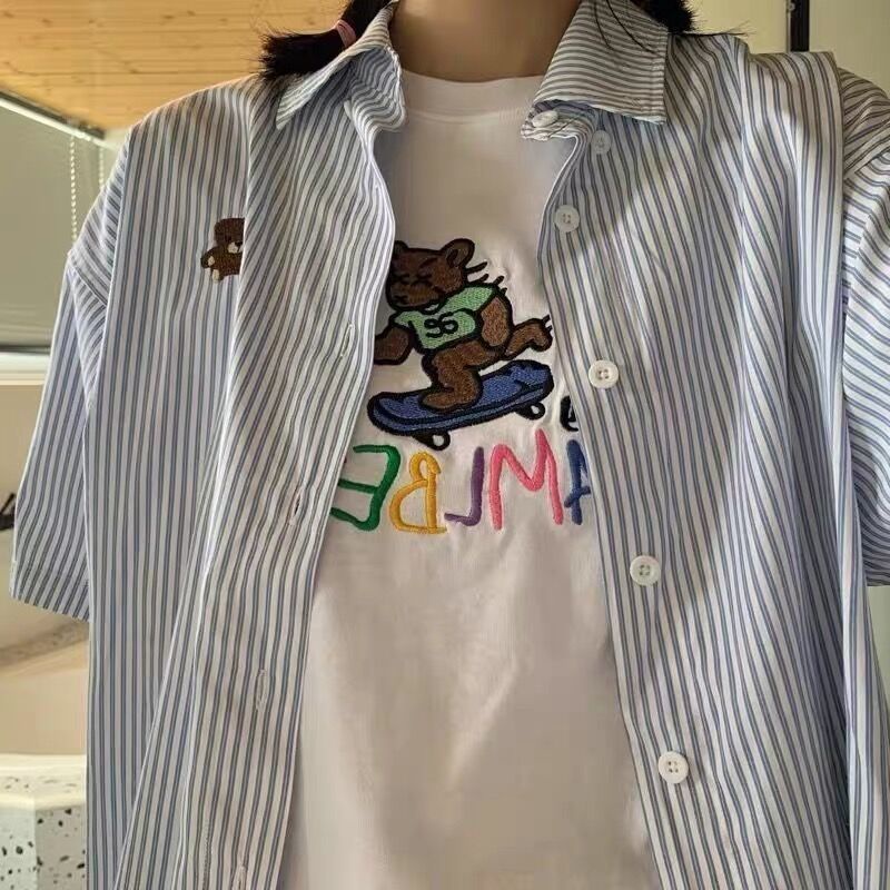 Áo sơ mi COZOK kẻ sọc tay ngắn dáng rộng thời trang