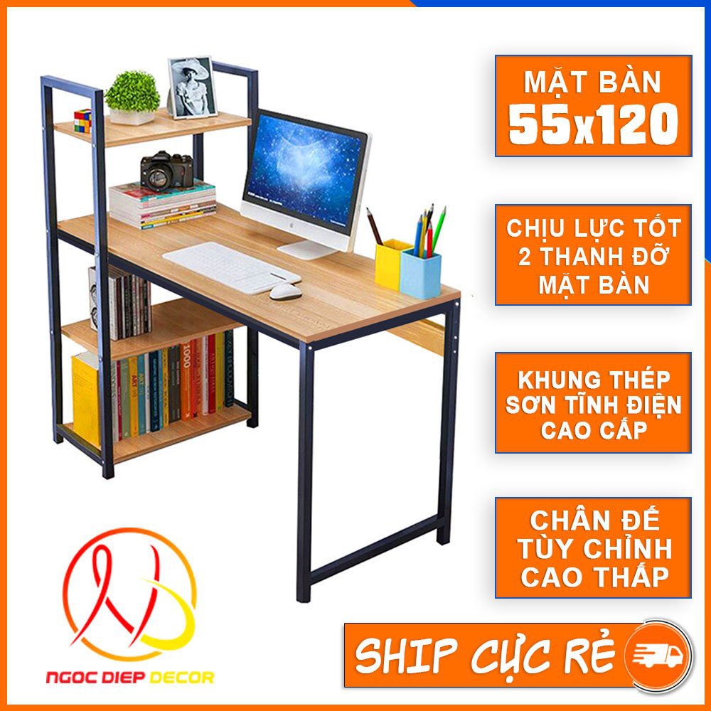 Bàn làm việc khung sắt kèm giá sách sơn tĩnh điện chịu lực cao, bàn vi tính hoặc bàn học, làm việc lắp ráp dễ dàng