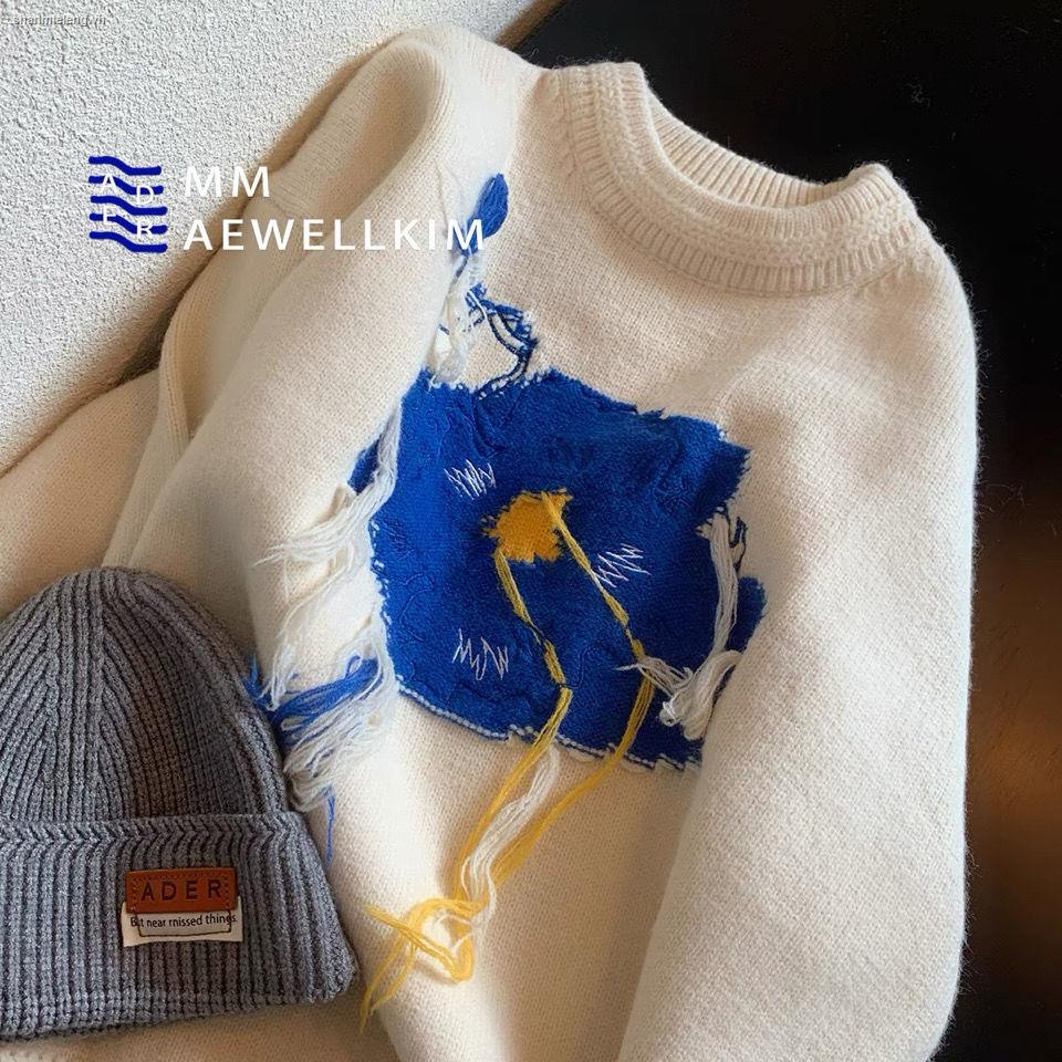 Áo sweater dáng rộng in họa tiết hoa graffiti màu xanh dương thời trang thu đông Hàn Quốc cho nữ