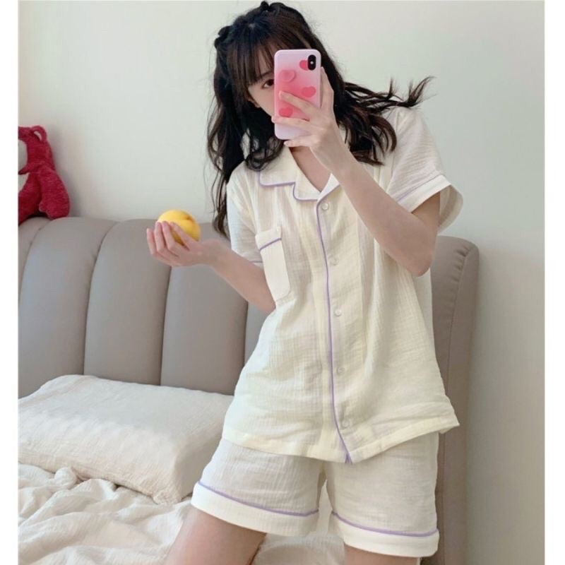 Sweetiebaby_ Bộ ngủ / mặc nhà pyjama dài muslin trơn ulzzang trắng viền tím rẻ nhất shopee