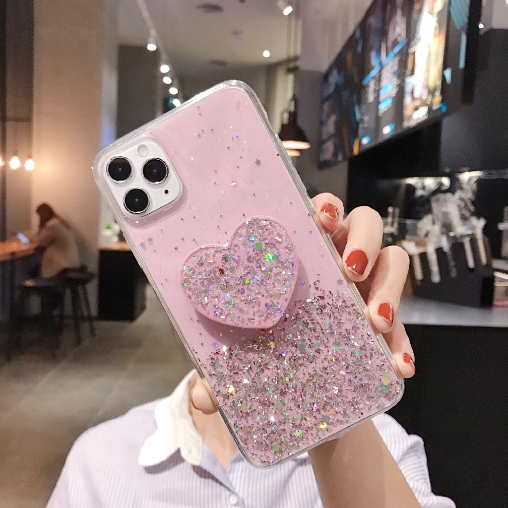 Vivo Y20S Y30i Y30 Y50 V19 Y11 Y12 Y17 Y91 Y93 Y95 V17 V15 Z1 Pro Glitter Soft Case with Heart Phone Stand