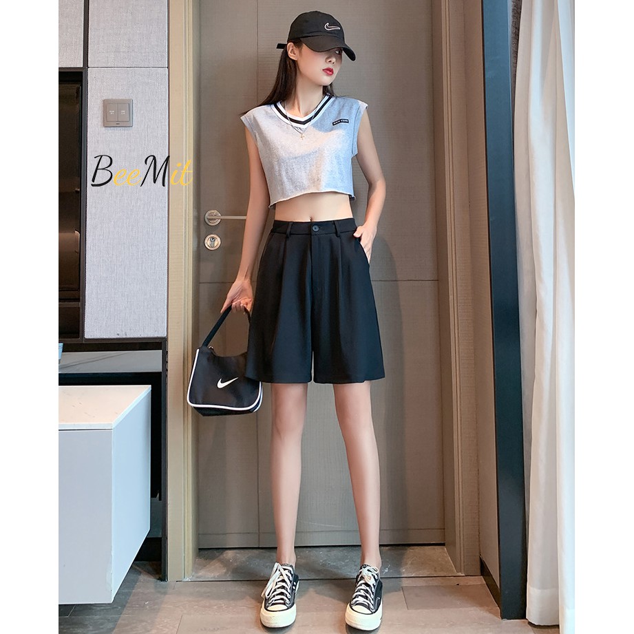 Quần short lửng ống rộng, quần short ống rộng Unisex Nam - Nữ cạp cao