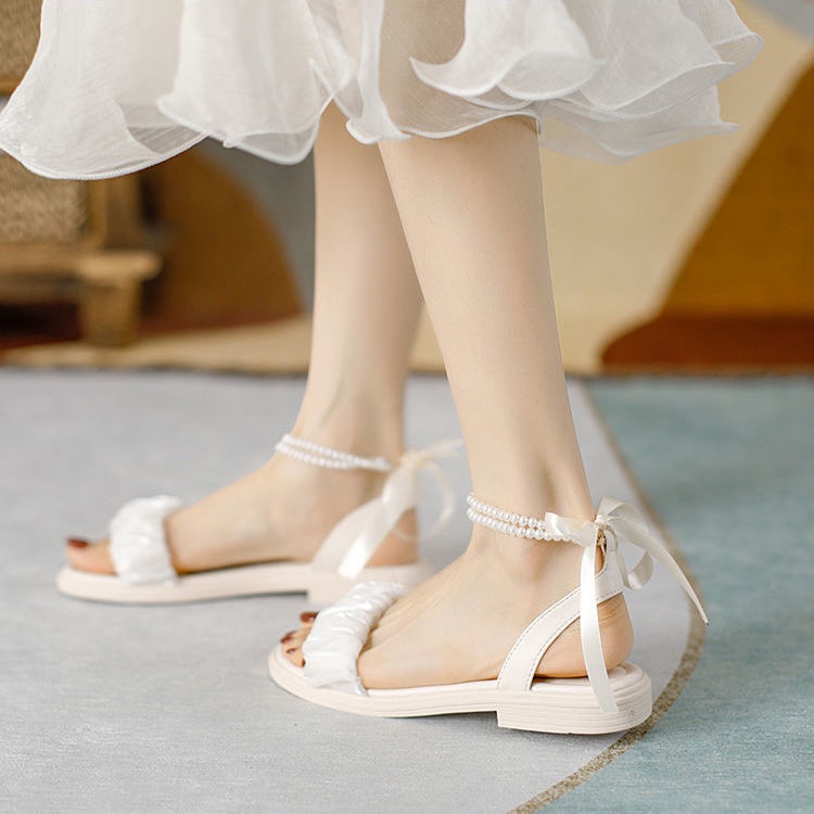 Sandal Hở Ngón Đế Bằng Thiết Kế Mới Đính Nơ Ngọc Trai Xinh Xắn Thời Trang Mùa Hè Dành Cho Nữ