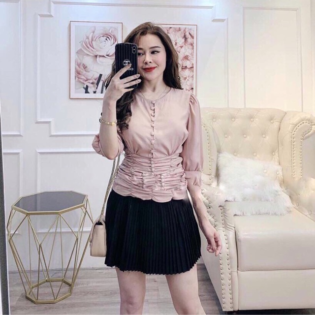 Áo kiểu nhúm eo dọc khuy hàng đẹp Quảng Châu