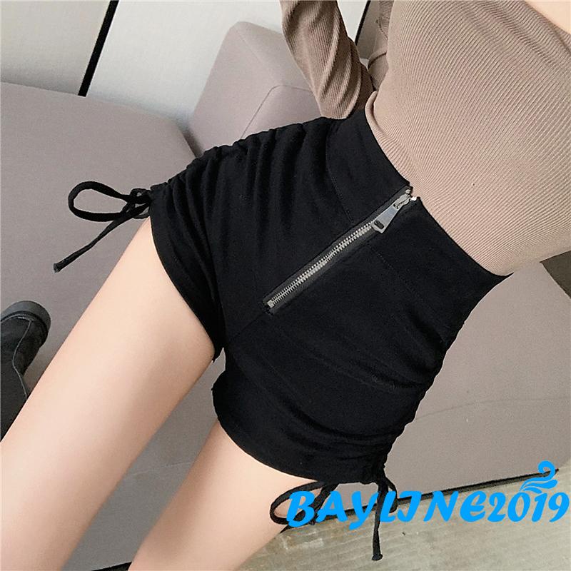 Quần Ngắn Lưng Cao Màu Trơn Có Dây Rút Và Khóa Kéo Hông Thiết Kế Đơn Giản Cho Nữ