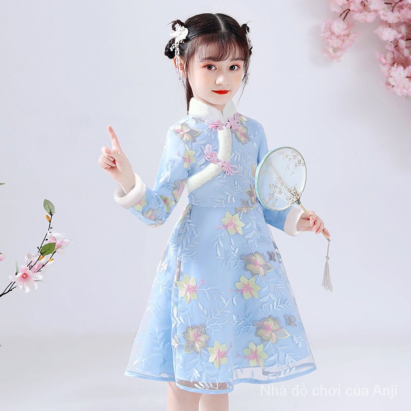New Girl Autumn And Winter Dress Hanfu Cheongsam Dress Children Baby Velvet