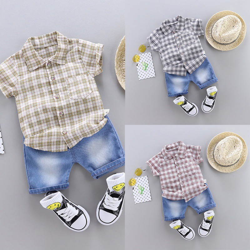 Set quần đùi jeans và áo sơ mi caro tay ngắn phong cách Hàn Quốc cho bé trai