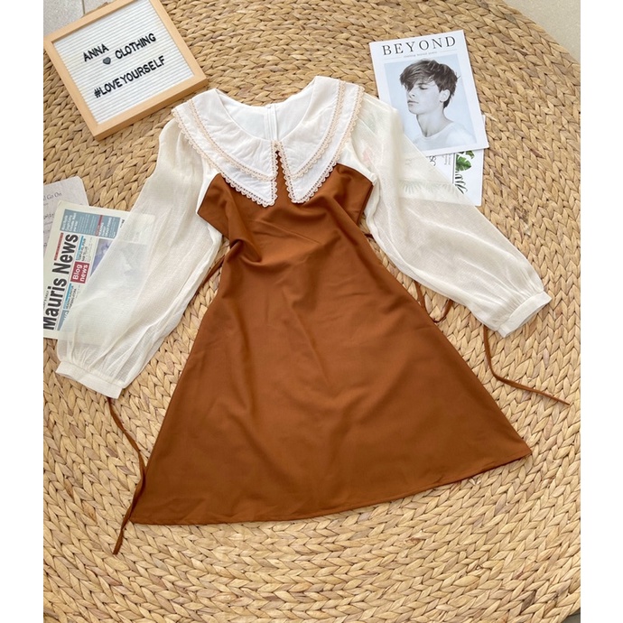 Đầm nâu phối voan tấm