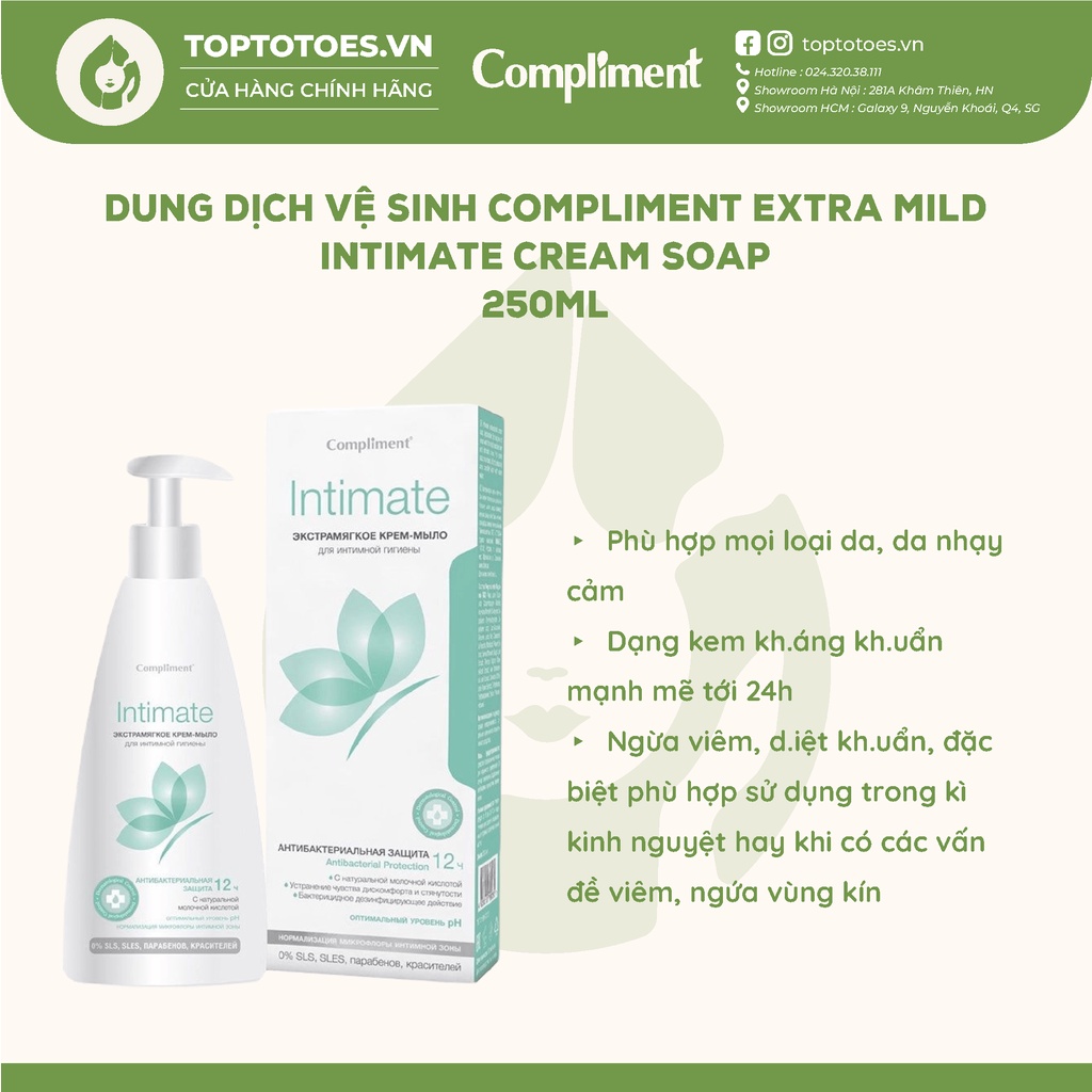 Dung dịch vệ sinh phụ nữ Compliment Intimate làm sạch dịu nhẹ, khử mùi, ngừa khuẩn &amp; viêm 250ml