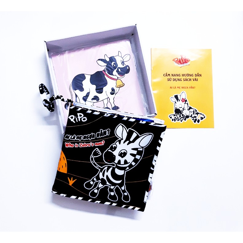 Hộp quà tặng cho bé gồm sách vải đen trắng tương tác + 6 thẻ hình ảnh thương hiệu Pipovietnam cho bé từ 0 tháng tuổi.