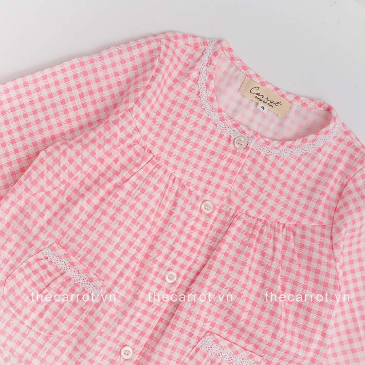 Bộ dài tay bé gái CARROT cổ tròn, hoa tiết caro hồng, chất Thô cotton mềm thoáng mát, thấm hút mồ hôi tốt
