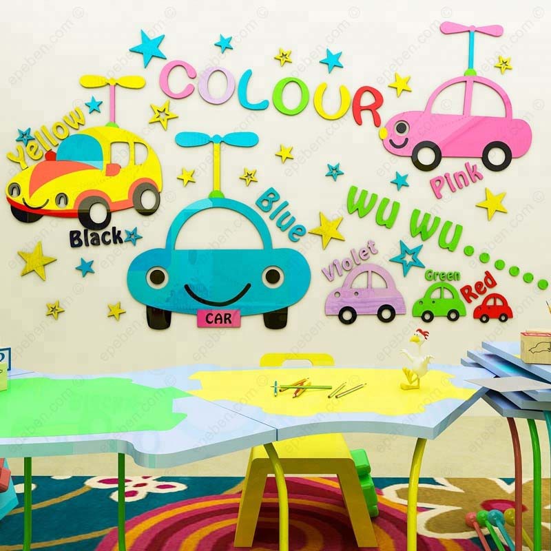 Tranh dán tường mica 3d decor khổ lớn đội xe hơi sắc màu trang trí mầm non, phòng cho bé Nhiều Size - EPeBen