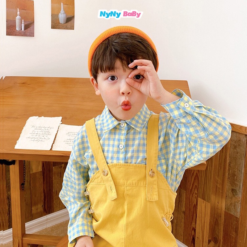 Áo Sơ Mi Form Rộng Cho Bé Trai Bé Gái Dáng Thụng Vải Cotton Thô Mềm Họa Tiết Kẻ Caro Nyny Baby  Từ 1-7 Tuổi