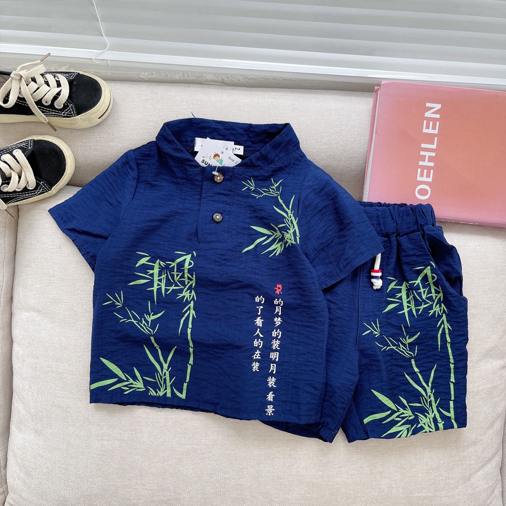 Đồ bộ bé trai LiLa Kids , Bộ cộc tay cho bé chất đũi in hình cây tre cực đẹp cho bé từ 6-28kg