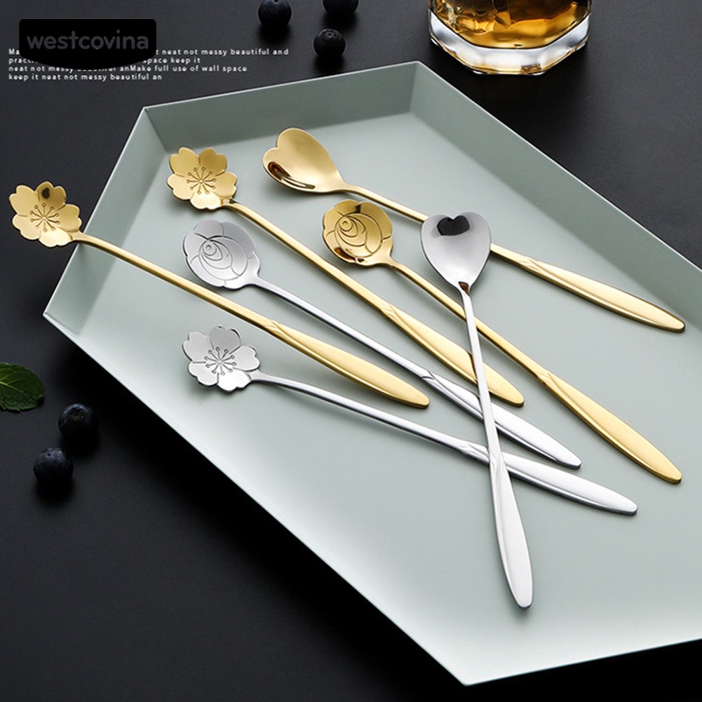 Muỗng cán dài hình bông hoa/ trái tim bằng thép không gỉ tiện lợi