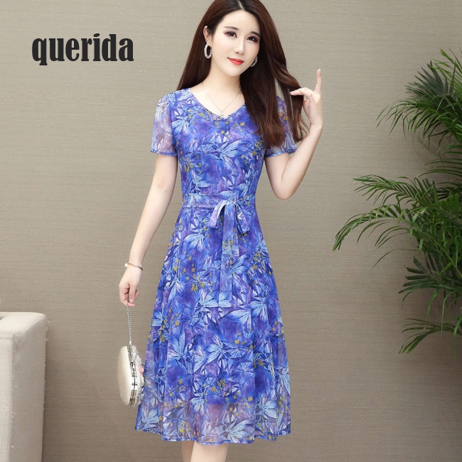 Váy chữ A dài vừa ngắn tay thắt lưng giữa eo cổ chữ V thời trang cổ điển trang trí giản dị cho nữ