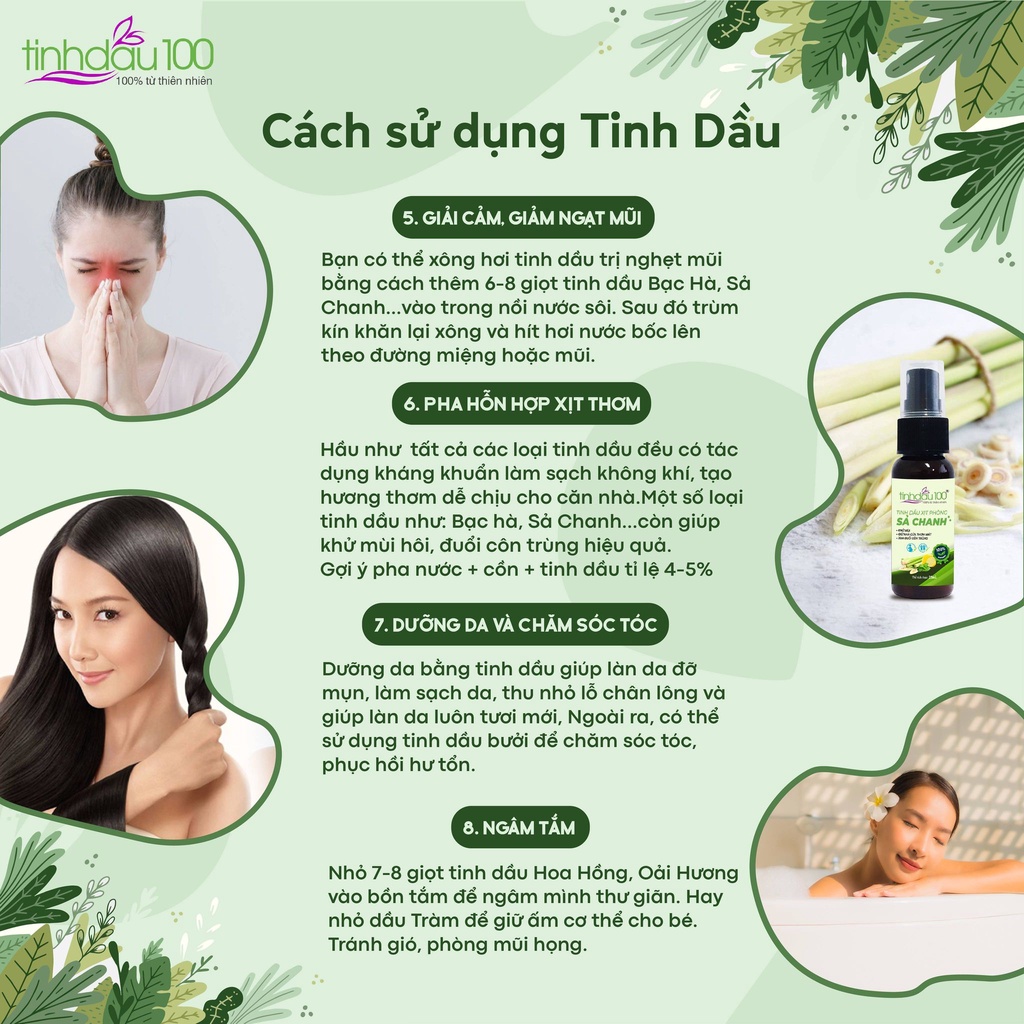 Tinh dầu thiên nhiên nguyên chất sả chanh, quế, oải hương lavender xông thơm phòng ngủ, spa lọ 10ml Tinh Dầu 100 Shop