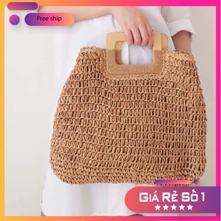Túi cói đi biển quai gỗ vuông kiểu dáng vintage - Tiệm Cói Cô Lê