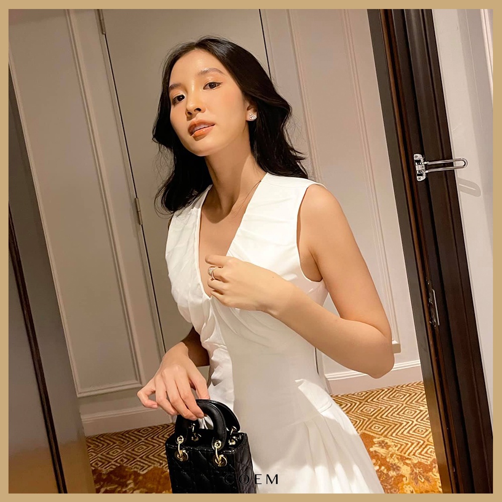 Đầm Maxi Dài Thiết Kế Xếp Ly Ngực Chiết Eo Tôn Dáng CO EM Chất Vải Solid Thoáng Mát Màu Trắng Trang Nhã