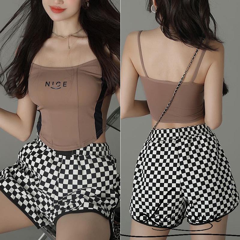 Ld-quần Short Thể Thao Eo Cao In Họa Tiết Kẻ Ô Hai Bên Có Túi Phong Cách Thể Thao Thời Trang Xuân Hè Dành Cho Nữ