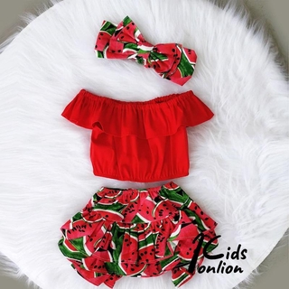 Bộ Áo Crop Top + Quần Short + Băng Buộc Đầu Họa Tiết Dưa Hấu Cho Bé Gái