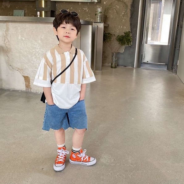 𝗦𝗵𝗼𝗽 𝗠𝗲̣ 𝗕𝗼𝗯 𝟴𝟲 - Áo thun bé trai hè - Áo Polo bé trai cộc tay sọc nâu phong cách Hàn Quốc Size 90-150