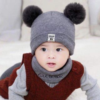 set mũ khăn len tai bông trẻ em