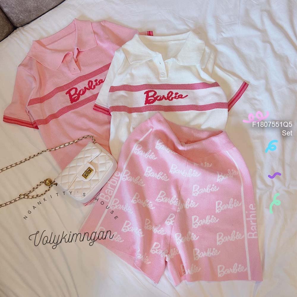 Set bộ len barbie áo polo ngực phối viền cổ bẻ tay con kèm quần hàng QC!