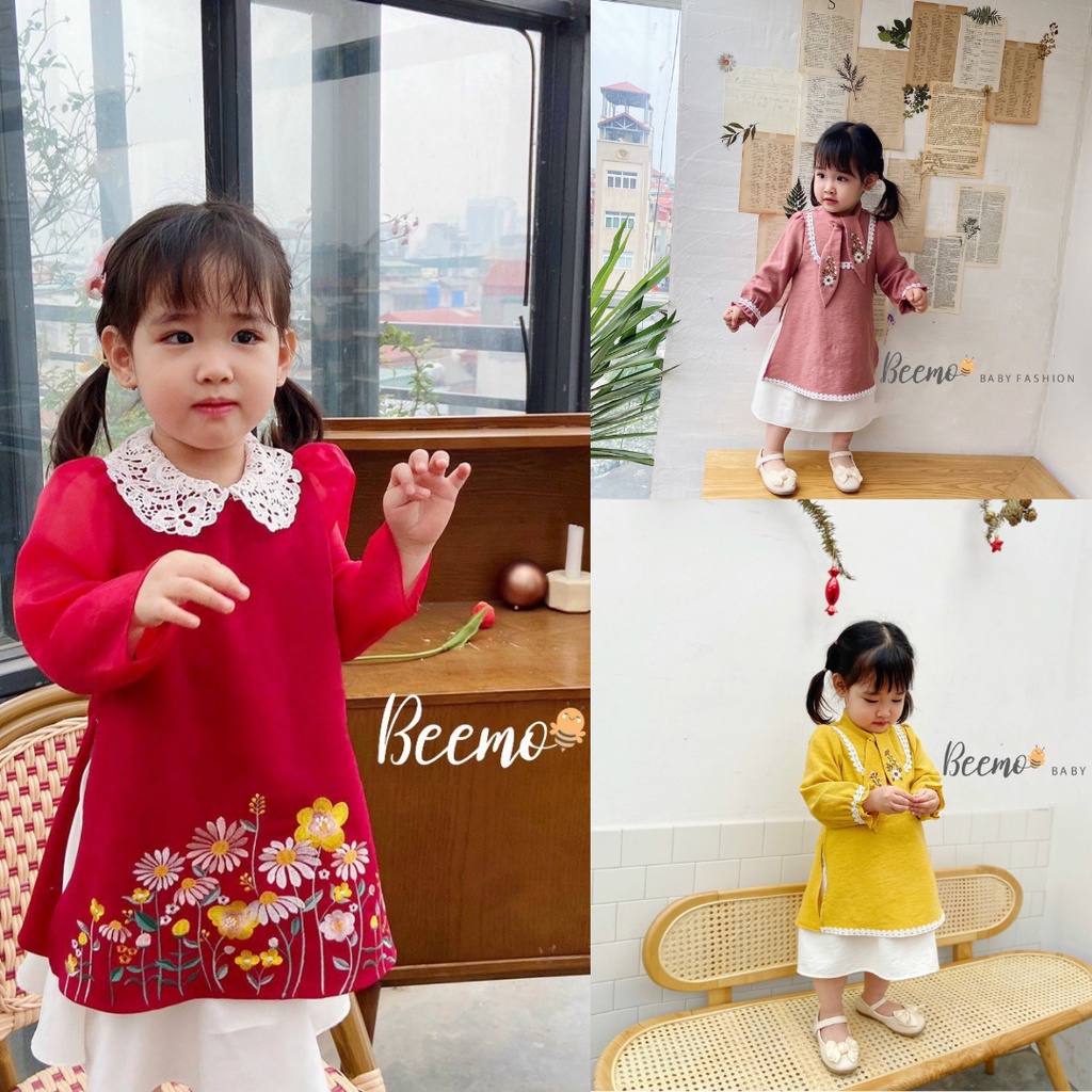Áo dài bé gái chất nhung tăm Beemo ADT01