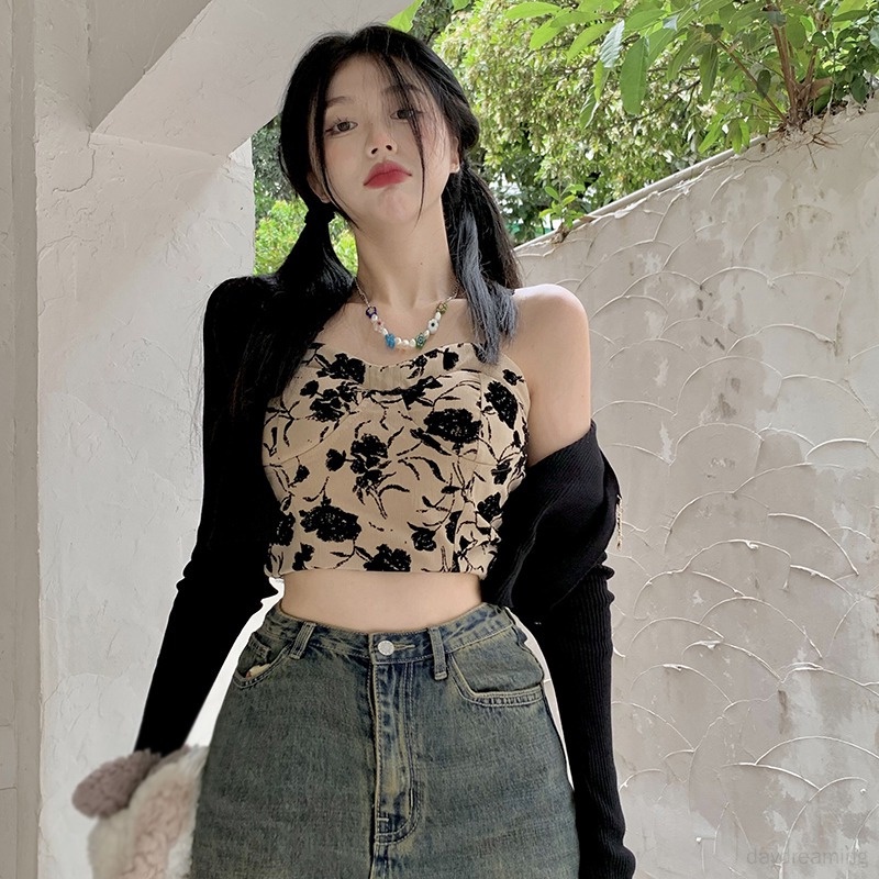 Áo Tank Top Hai Dây Có Đệm Ngực Họa Tiết Hoa Phong Cách Hàn Quốc Cho Nữ