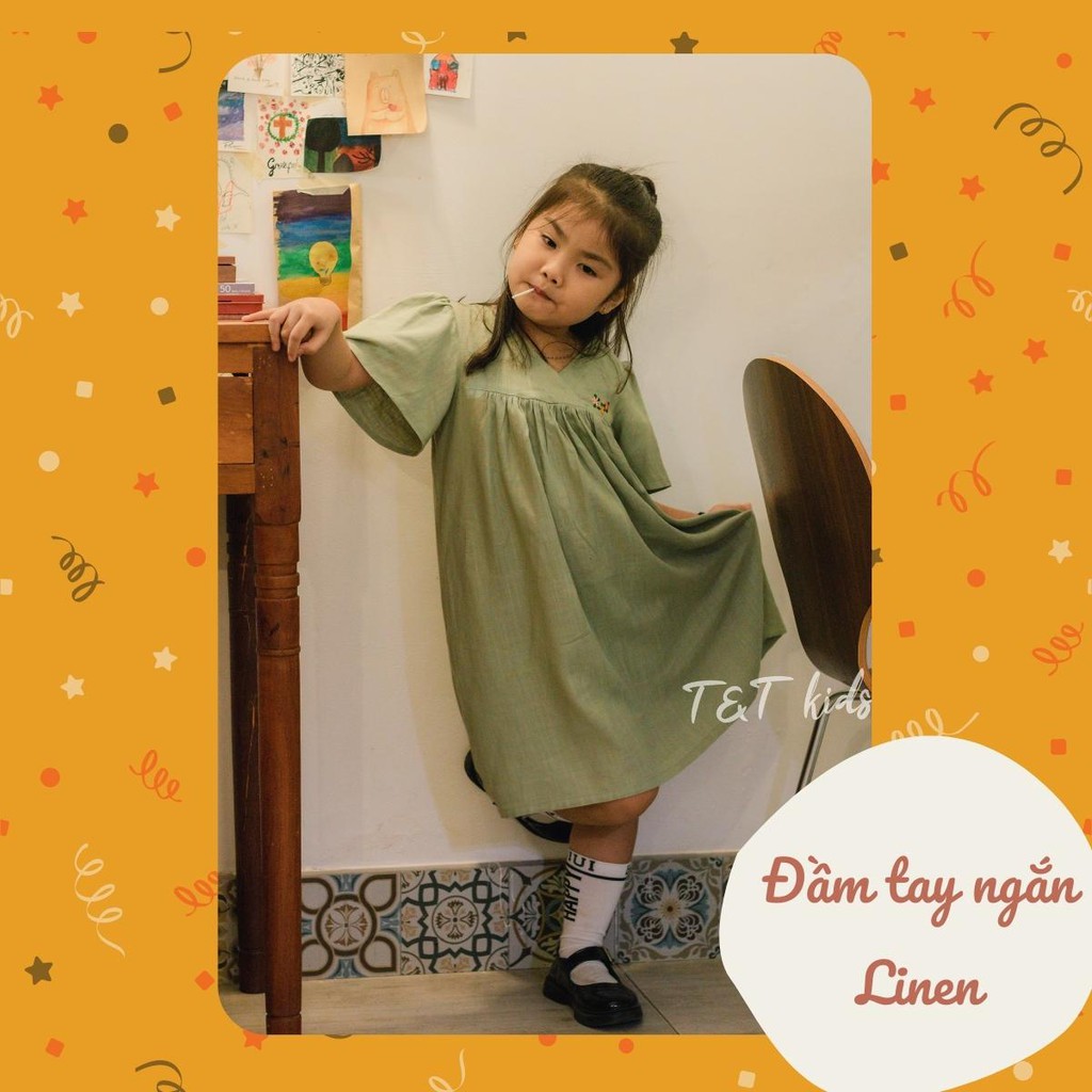 VÁY ĐẦM LINEN HOẠ TIẾT HOA NHÍ THÊU TAY BÉ GÁI DỄ THƯƠNG 2022