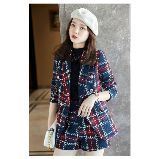 Hàng nhập - Set bộ vest nữ short dạ tweet kẻ caro, sét đồ thời trang quần áo blazer ngắn sang trọng