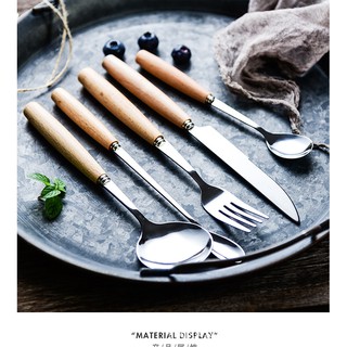 Set thìa dĩa dao cán gỗ - inox 304