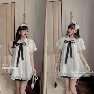 Áo tơ tay phồng 2 lớp kèm nơ siêu xinh