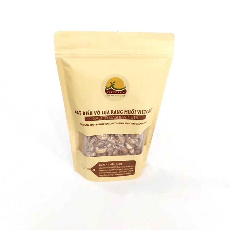 Hạt điều vỏ lụa rang muối hàng Việt Nam chất lượng cao chính hãng VIETCROP đặc sản Bình Phước tốt cho sức khỏe hộp 450gr