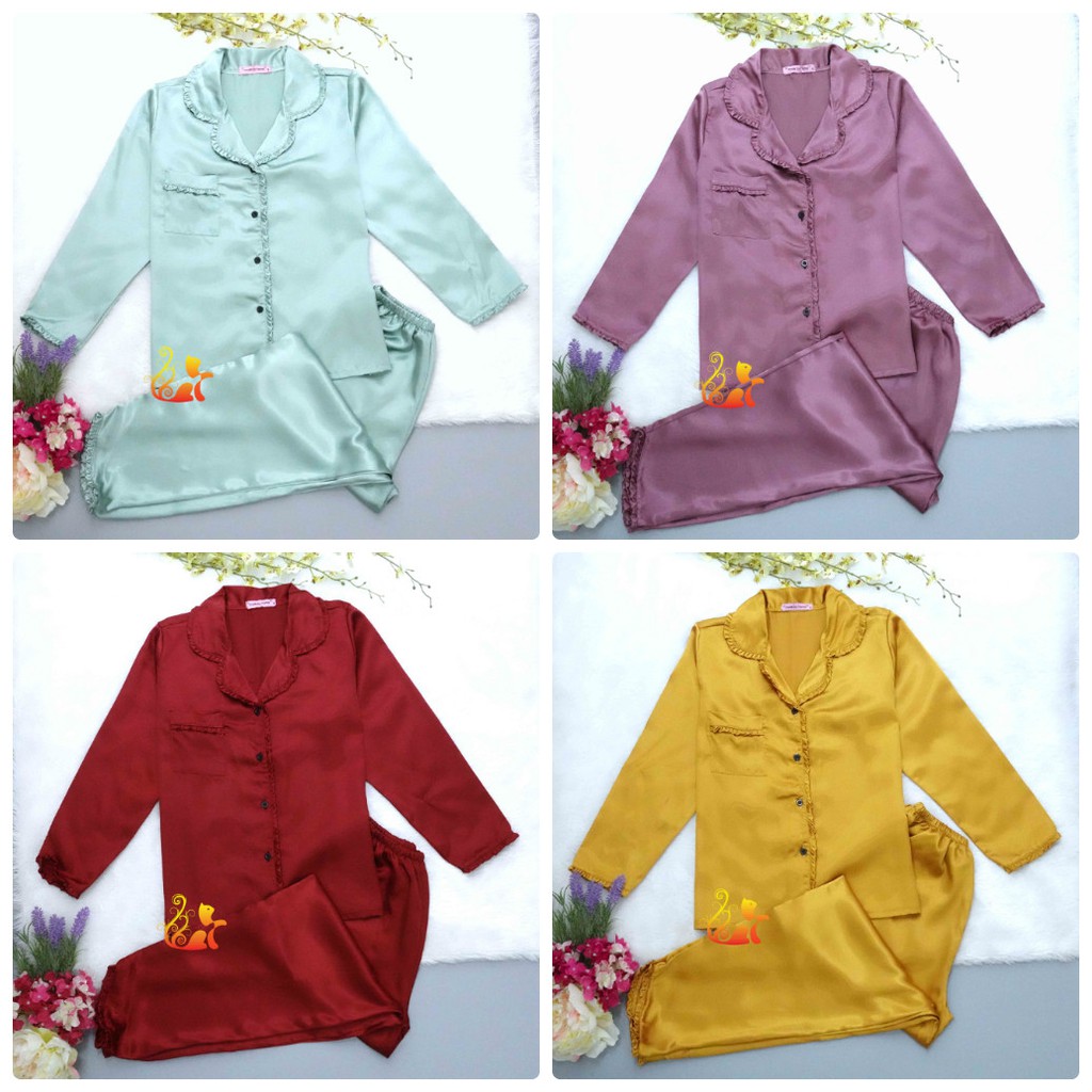 Đồ Bộ Mặc Nhà Pijama Phi Lụa " Viền Bèo " Tay Dài Cao Cấp - Dưới 60kg. | BigBuy360 - bigbuy360.vn