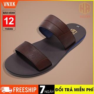 Dép da nam cao cấp dép quai ngang da bò thật màu nâu đế cao su VNXK Bảo Hành 12 Tháng
