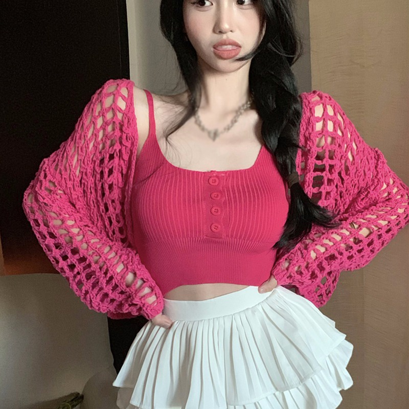 Bộ Áo Croptop Dệt Kim Màu Trơn + Áo Khoác Cardigan Tay Dài Chống Nắng Kiểu Hàn Quốc Xinh Xắn Cho Nữ